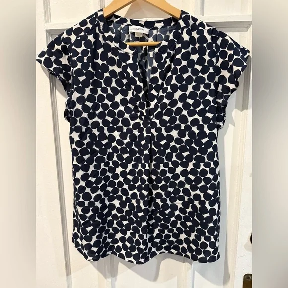 Calvin Klein Navy and White Polka Dot Blouse - Picture 1 of 3